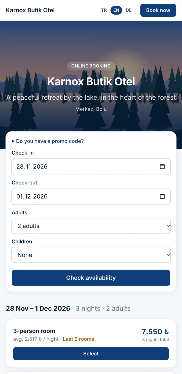 The hotel's online booking page on a guest's phone